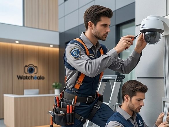 Técnicos instalando una cámara de videovigilancia