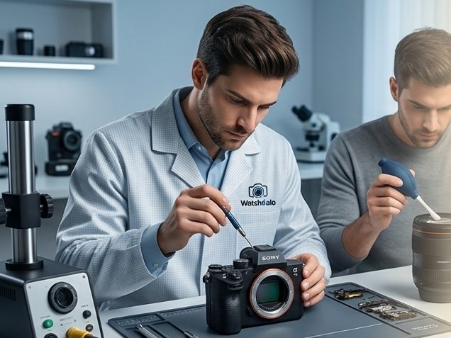 Técnico dando mantenimiento a una cámara en el taller