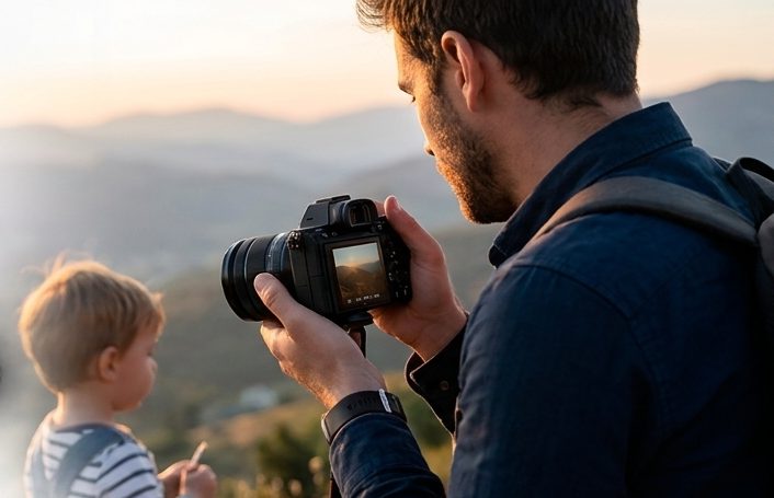 Un hombre fotografía a un niño al atardecer